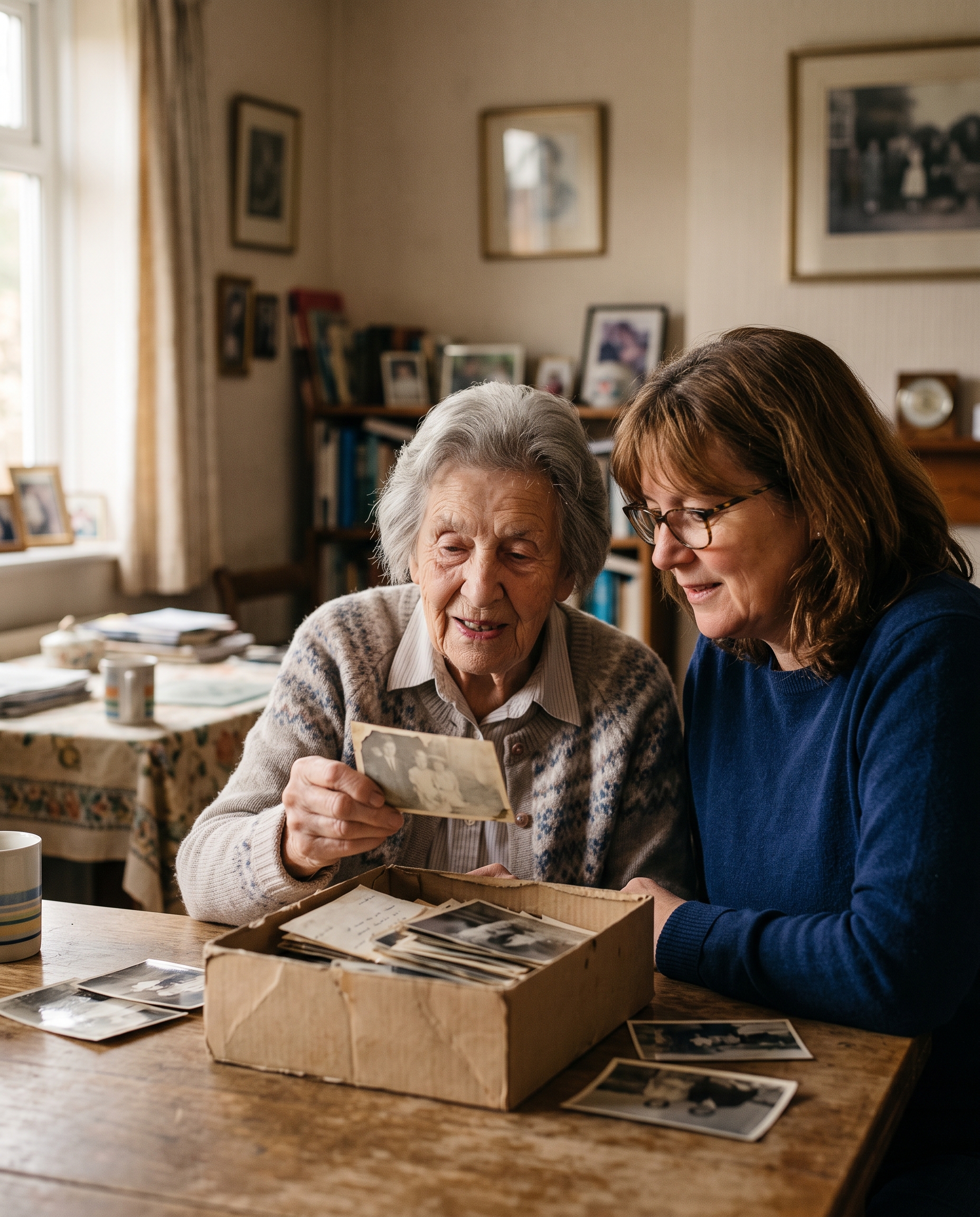 Older woman and her adult daughter looking through family photographs