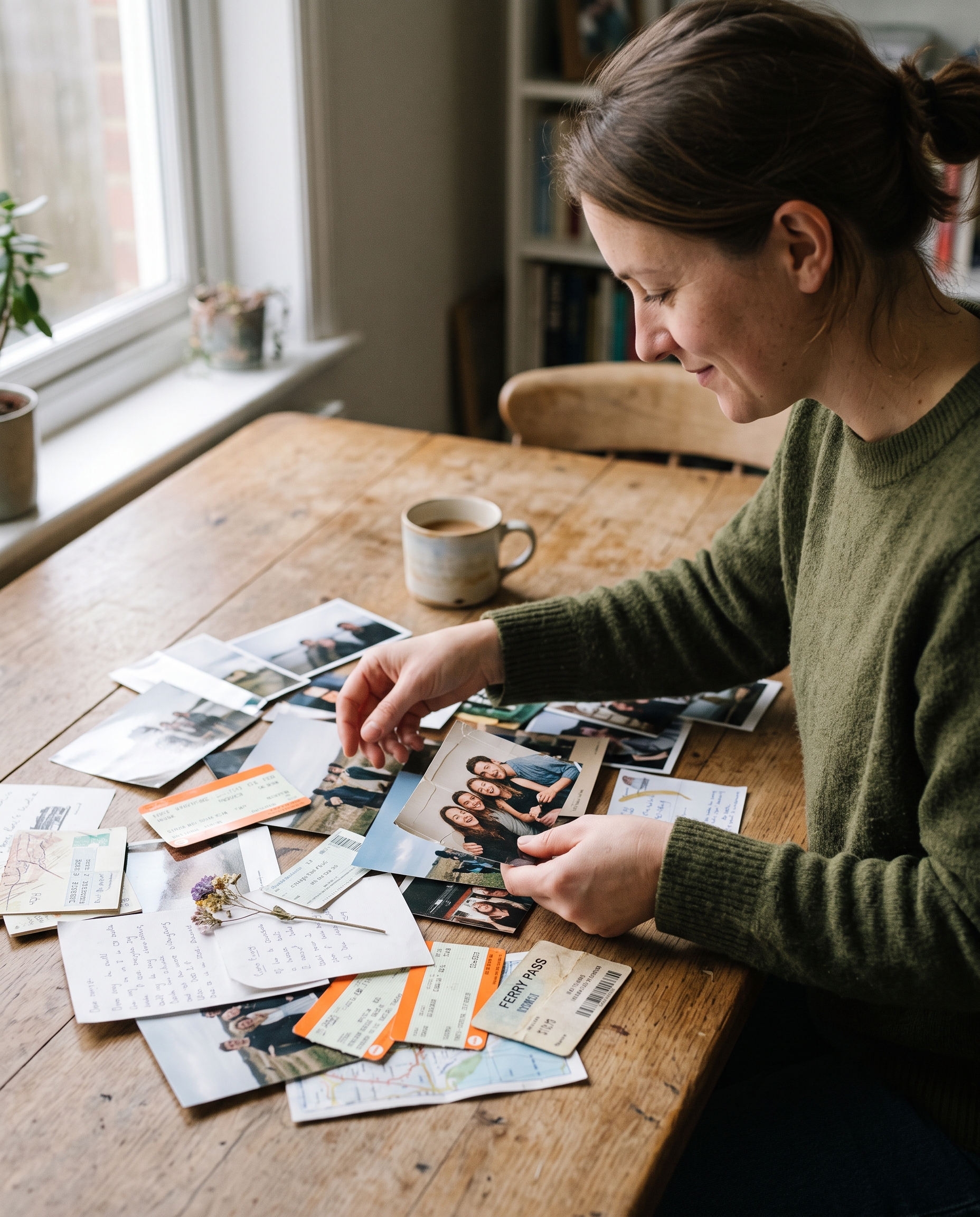 Woman arranging photographs and keepsakes from the past year