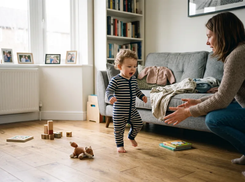 Young child taking first steps towards a parent at home