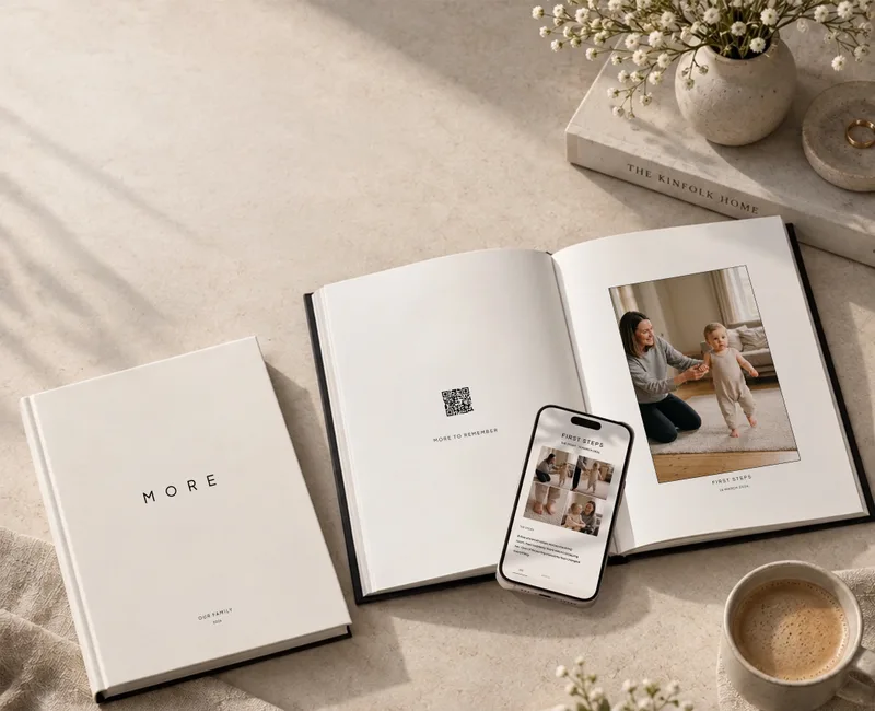 MORE hardback shown with a First Steps memory spread and digital memory experience on a phone