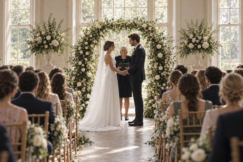 Chloe and James during their wedding ceremony