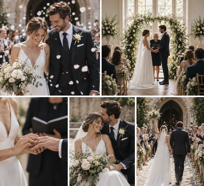 Chloe and James leaving their wedding ceremony